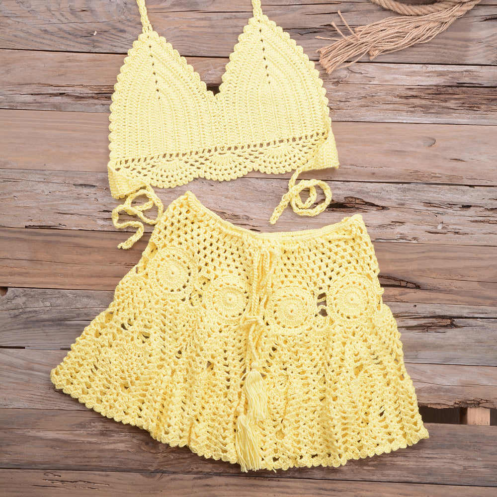 Fashionable Modern Hand-woven Beach Vacation Strappy Bikini Split Swimsuit Outfit