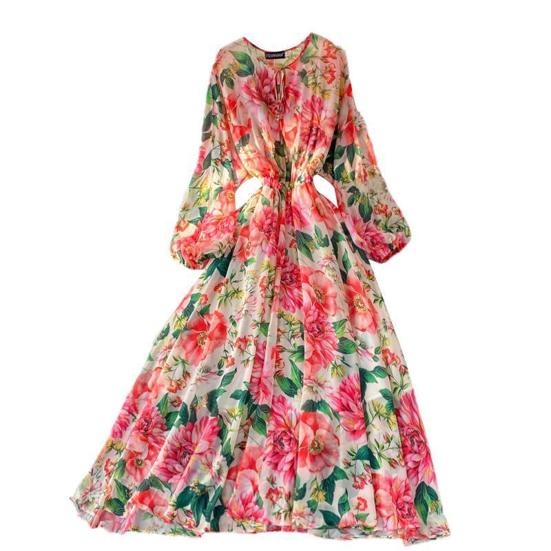 Feminine Round Neck Printed Over Knee Swing Holiday Chiffon Dress