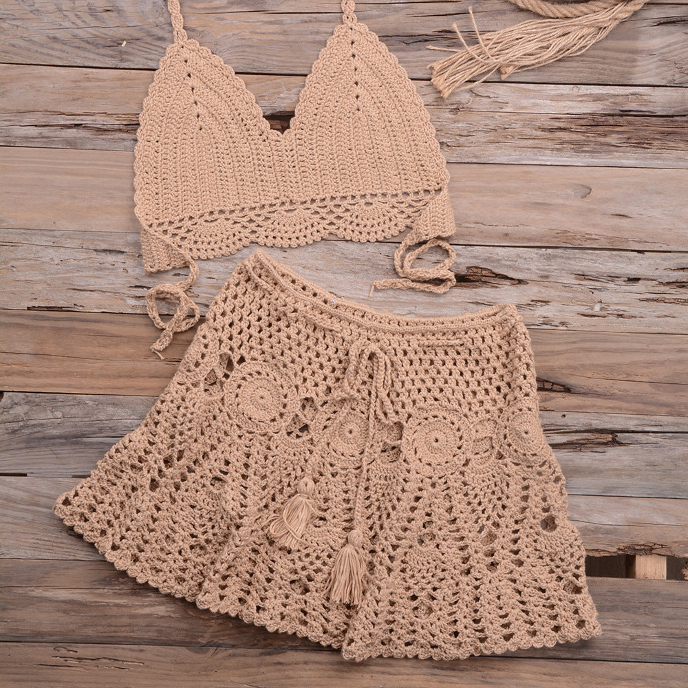 Fashionable Modern Hand-woven Beach Vacation Strappy Bikini Split Swimsuit Outfit