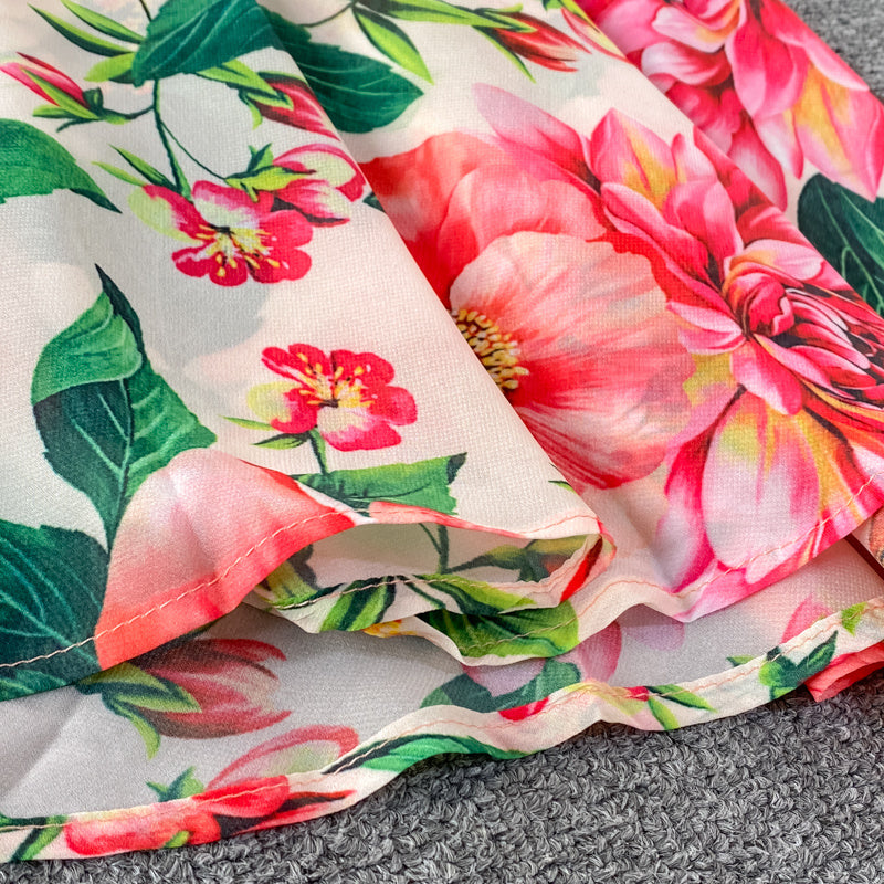Feminine Round Neck Printed Over Knee Swing Holiday Chiffon Dress