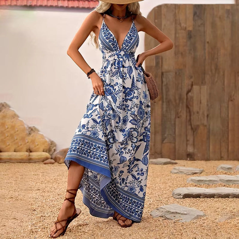 European And American Bohemian Floral Printed V-neck Backless Sling Casual Dress