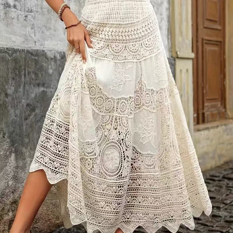 French Retro Hollow Knitted Big Hem Skirt