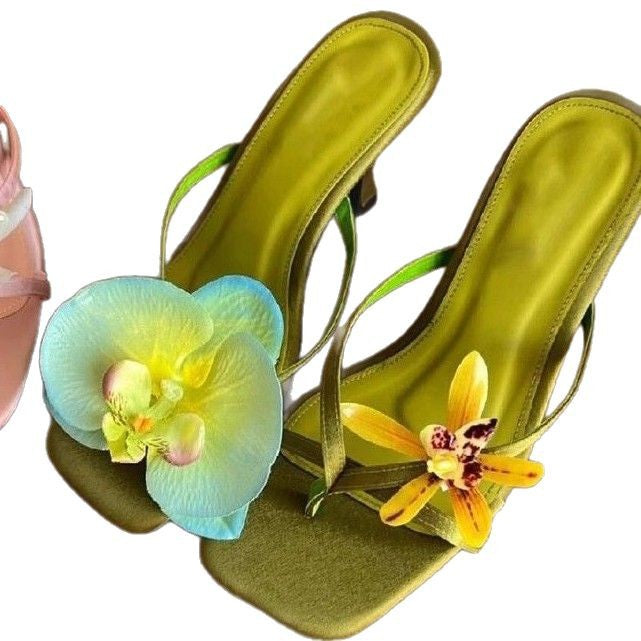 Handmade Asymmetric Flower Sandals For Women High Heel Semi-slipper