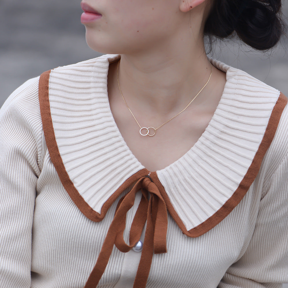 S925 Sterling Silver Simple Fashion Personality Diamond Double Circle Double Ring Necklace