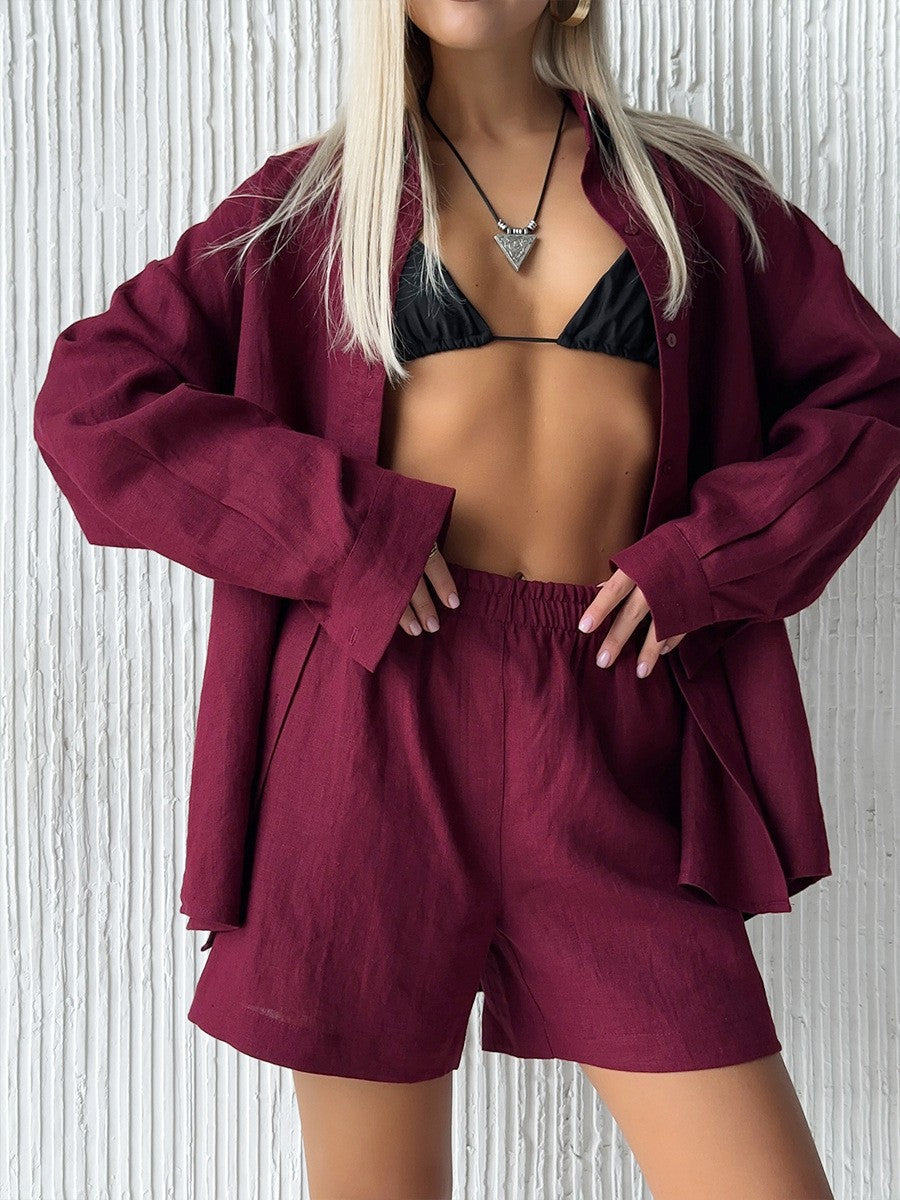 Long Sleeve Cardigan Shorts Suit Simple