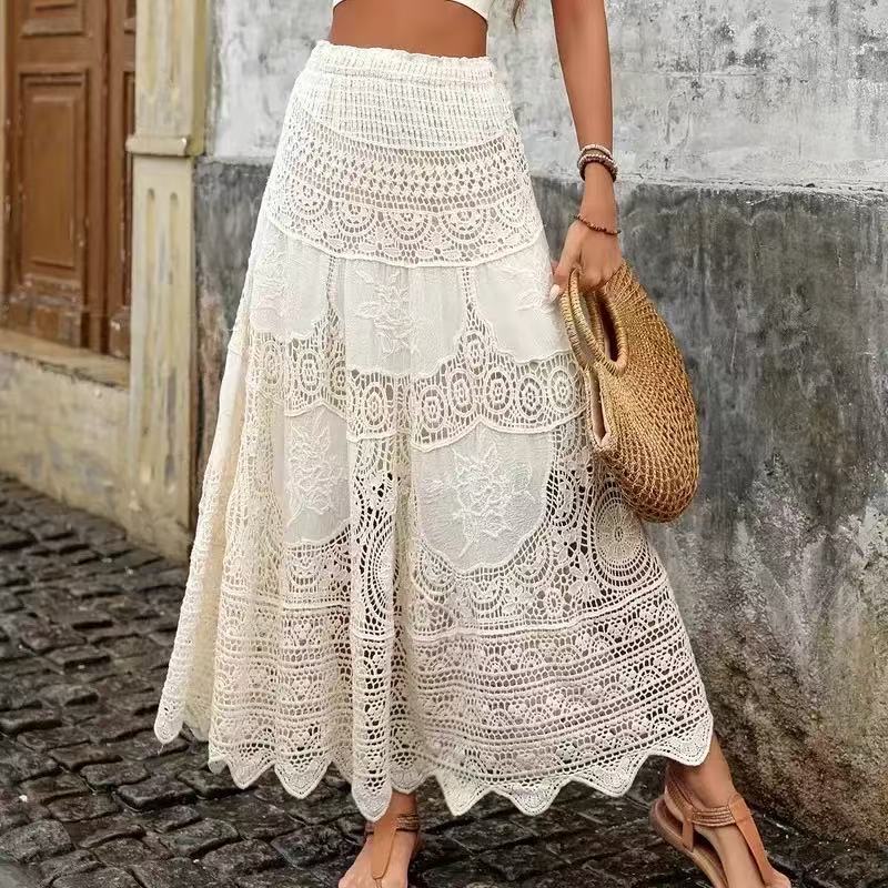 French Retro Hollow Knitted Big Hem Skirt