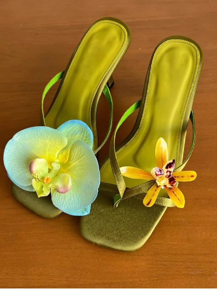 Handmade Asymmetric Flower Sandals For Women High Heel Semi-slipper