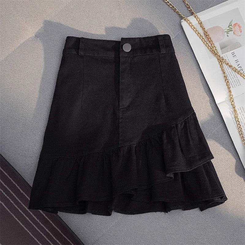 Skirt White Denim Irregular Ruffles