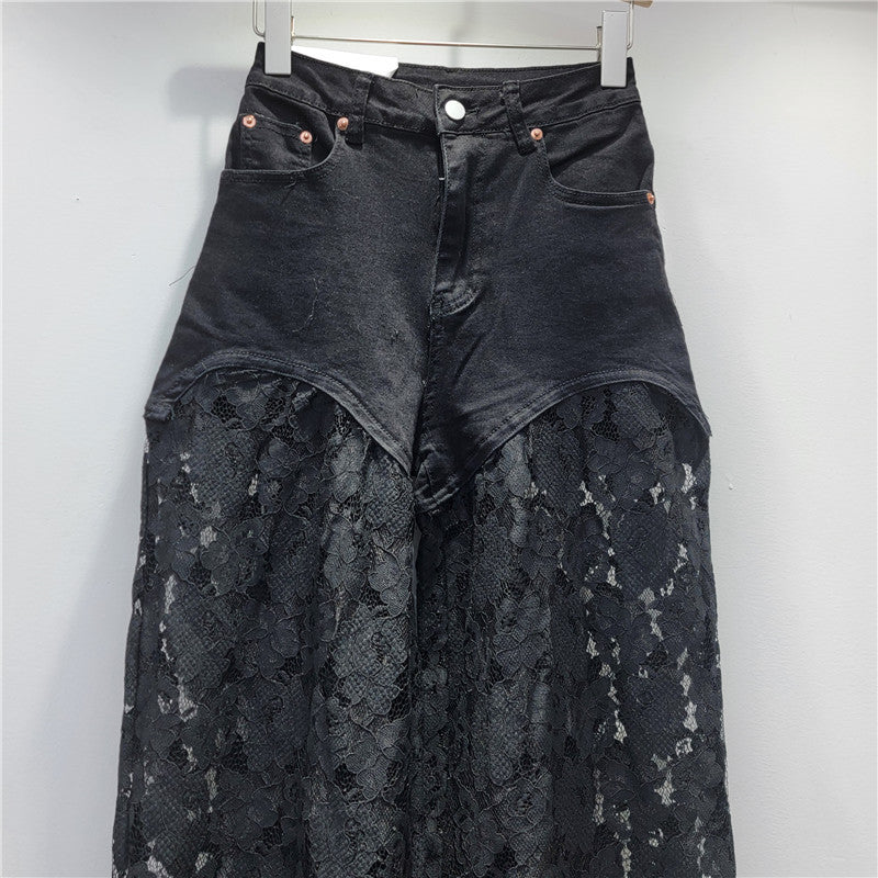 Lace Stitching Straight Wide Leg Jeans