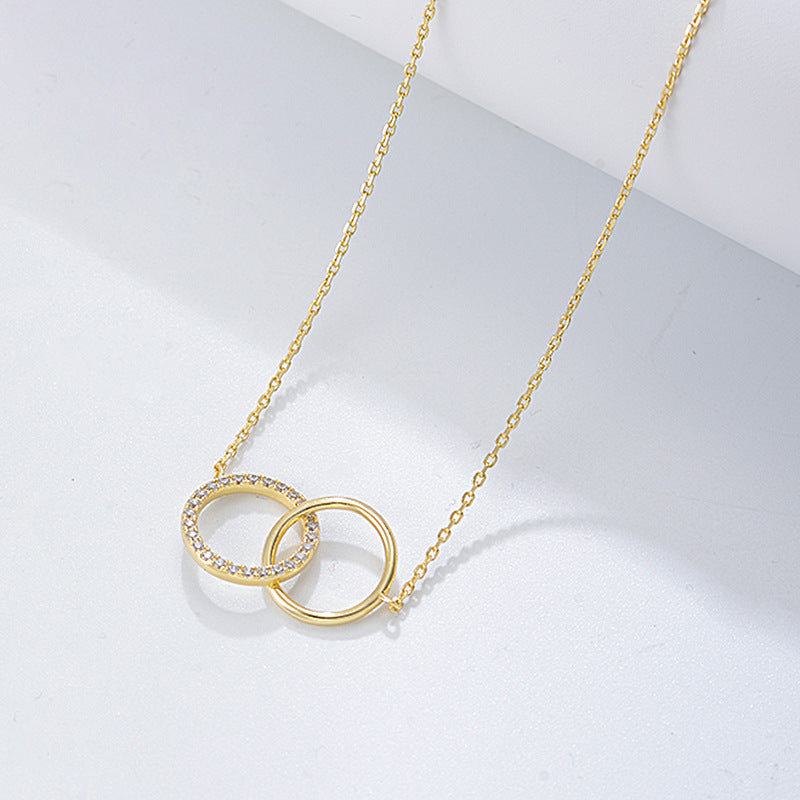 S925 Sterling Silver Simple Fashion Personality Diamond Double Circle Double Ring Necklace