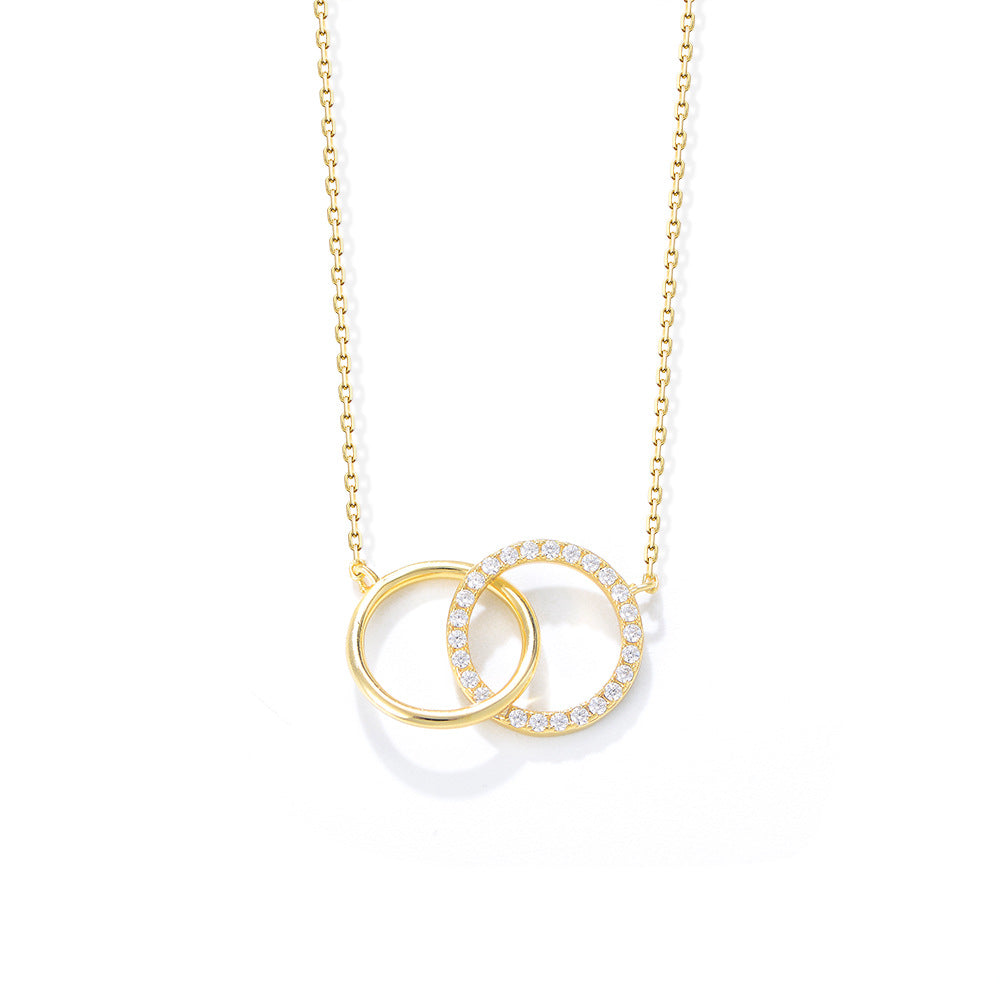 S925 Sterling Silver Simple Fashion Personality Diamond Double Circle Double Ring Necklace