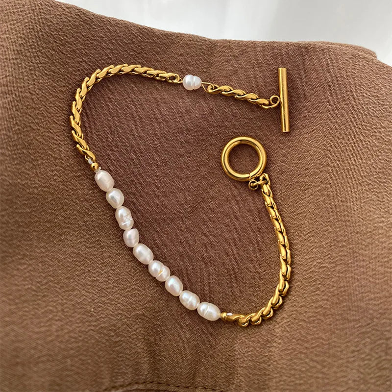 Stainless Steel Personality Design Baroque Pearl Beaded Bracelet for Women Luxury Gold Color Twist Chain Jewelry Gift Colorfast
