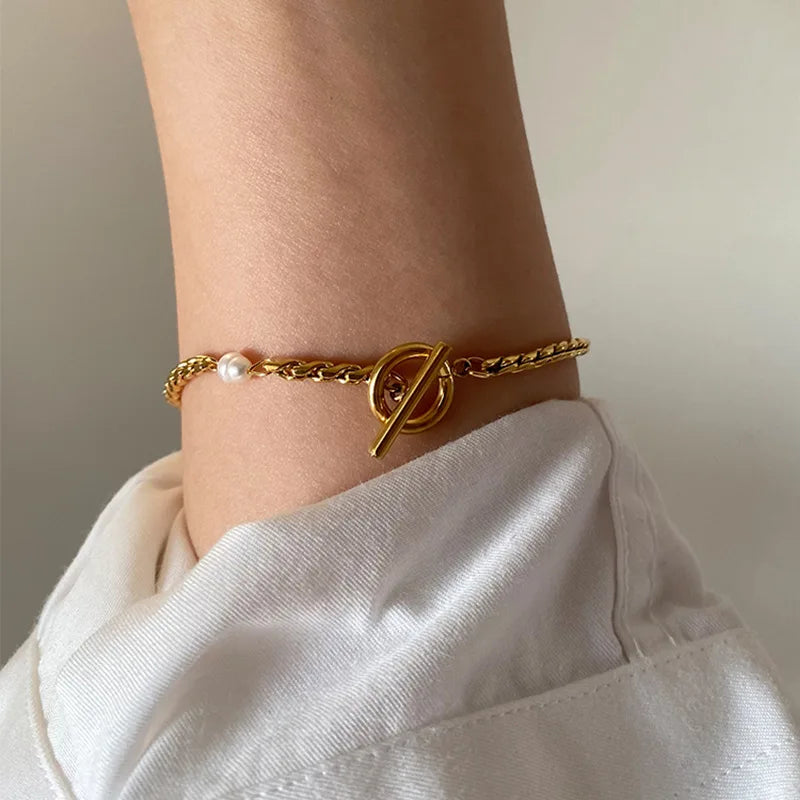 Stainless Steel Personality Design Baroque Pearl Beaded Bracelet for Women Luxury Gold Color Twist Chain Jewelry Gift Colorfast