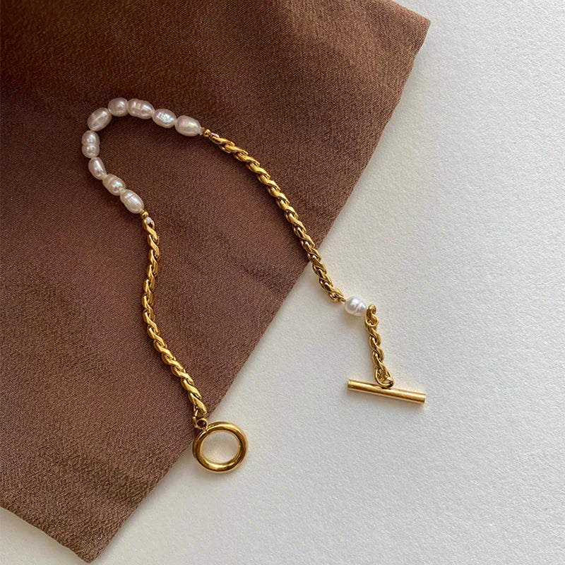 Stainless Steel Personality Design Baroque Pearl Beaded Bracelet for Women Luxury Gold Color Twist Chain Jewelry Gift Colorfast