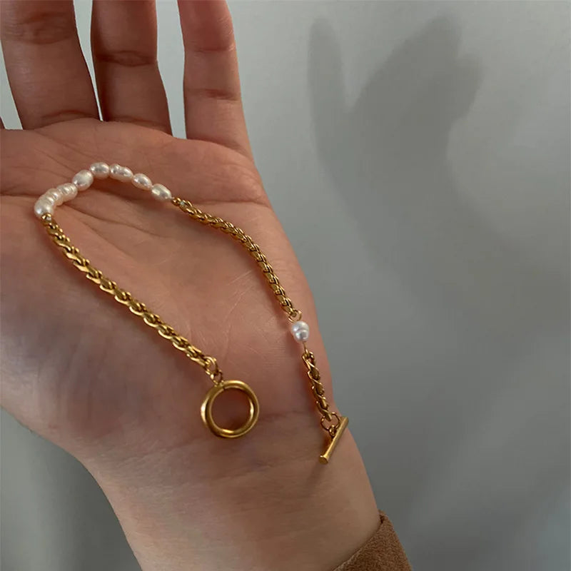 Stainless Steel Personality Design Baroque Pearl Beaded Bracelet for Women Luxury Gold Color Twist Chain Jewelry Gift Colorfast