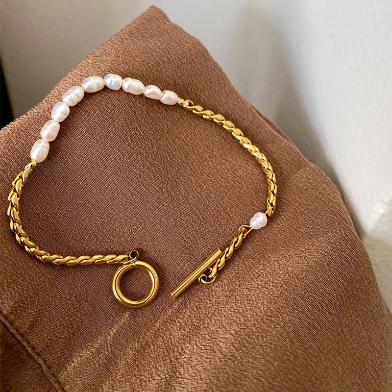 Stainless Steel Personality Design Baroque Pearl Beaded Bracelet for Women Luxury Gold Color Twist Chain Jewelry Gift Colorfast
