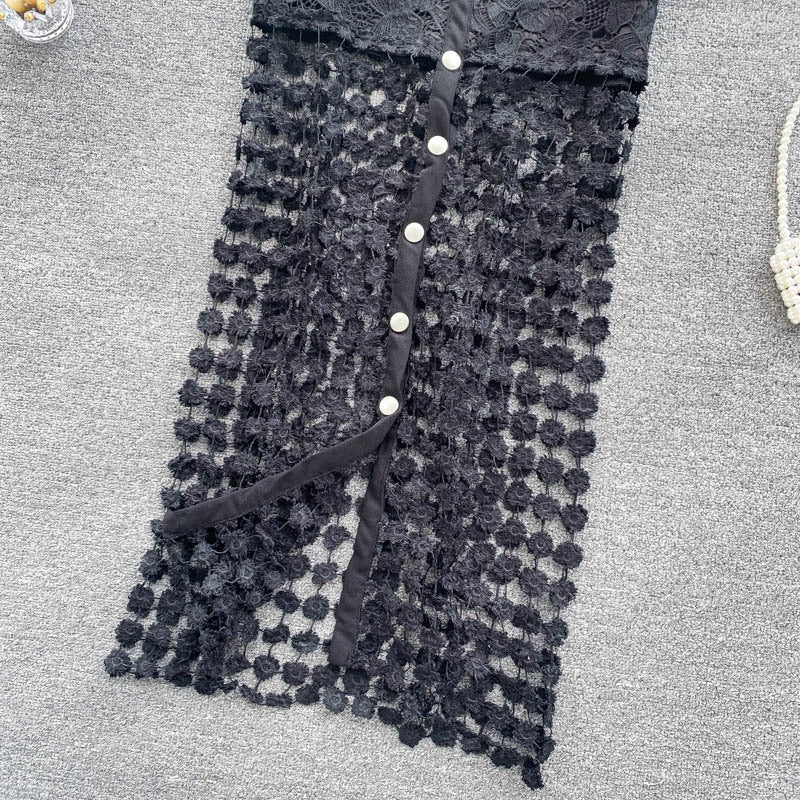 Sexy Black And White Hollow Outer Skirt Female Elegant Button Tempered Stickers Falda Party High-end Women's Clothing