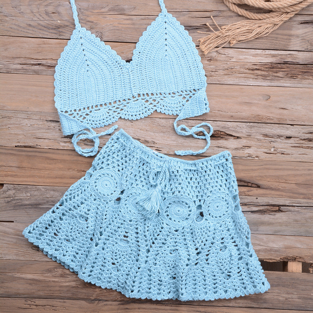 Fashionable Modern Hand-woven Beach Vacation Strappy Bikini Split Swimsuit Outfit
