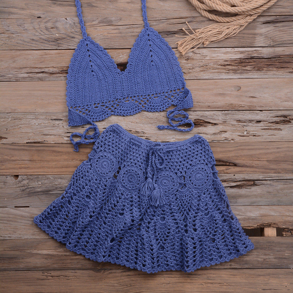 Fashionable Modern Hand-woven Beach Vacation Strappy Bikini Split Swimsuit Outfit