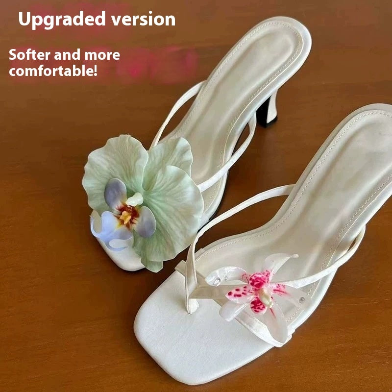 Handmade Asymmetric Flower Sandals For Women High Heel Semi-slipper