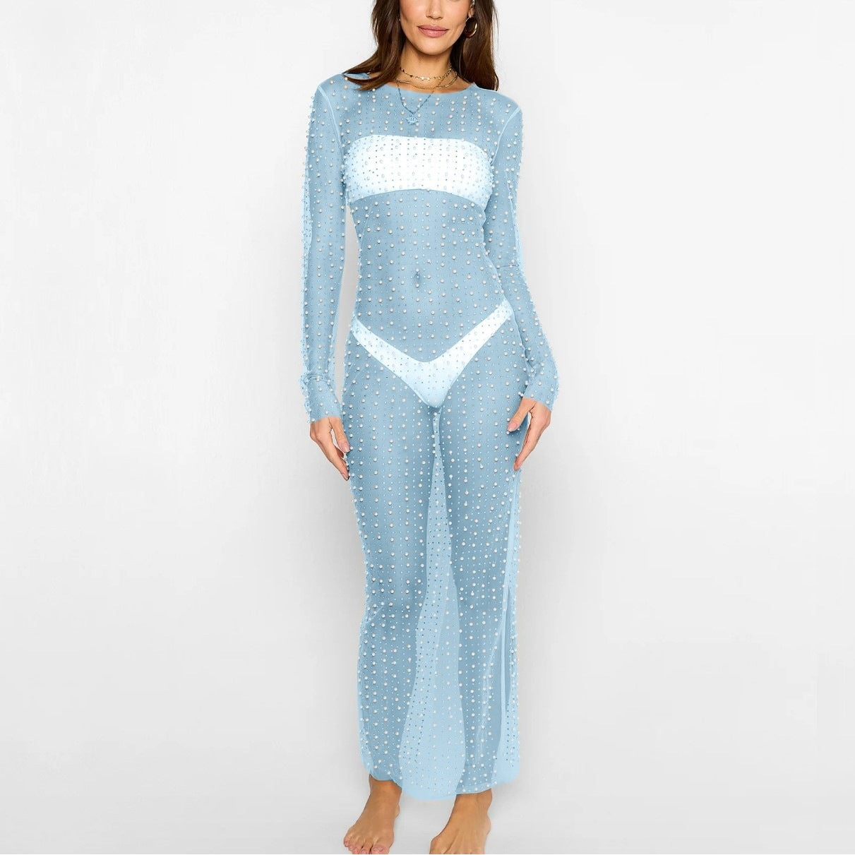 Fashion Bead Rhinestone Blouse Mesh Long Sleeve Dress