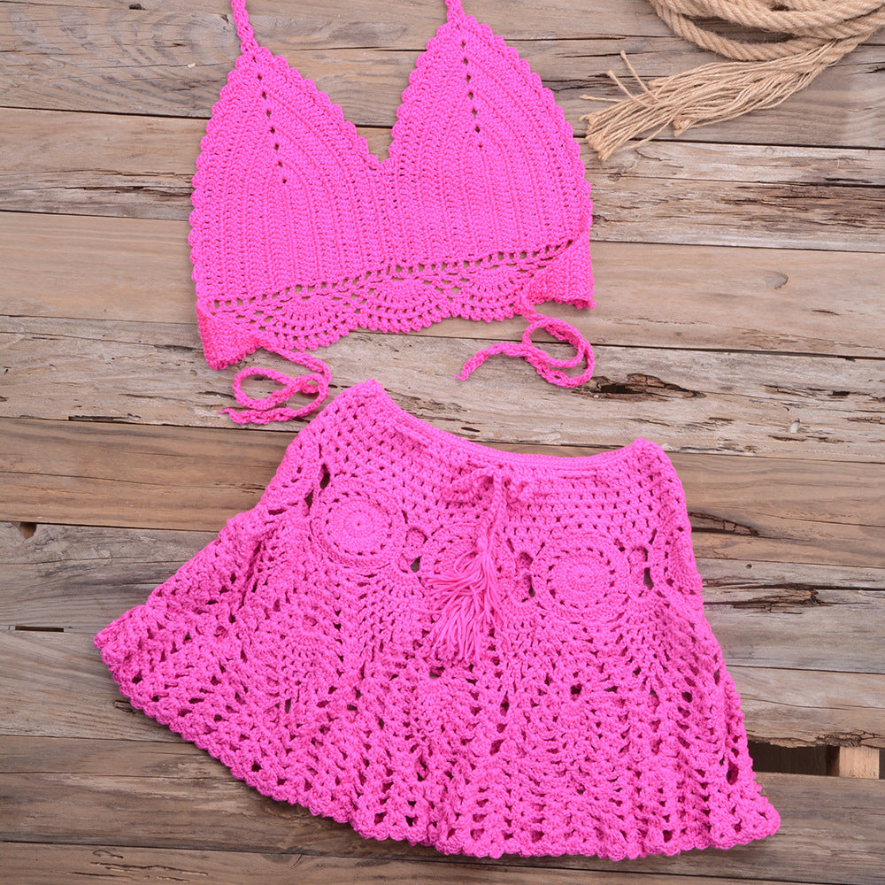Fashionable Modern Hand-woven Beach Vacation Strappy Bikini Split Swimsuit Outfit