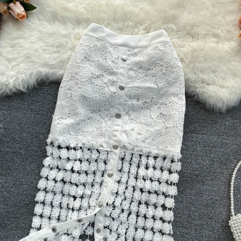 Sexy Black And White Hollow Outer Skirt Female Elegant Button Tempered Stickers Falda Party High-end Women's Clothing