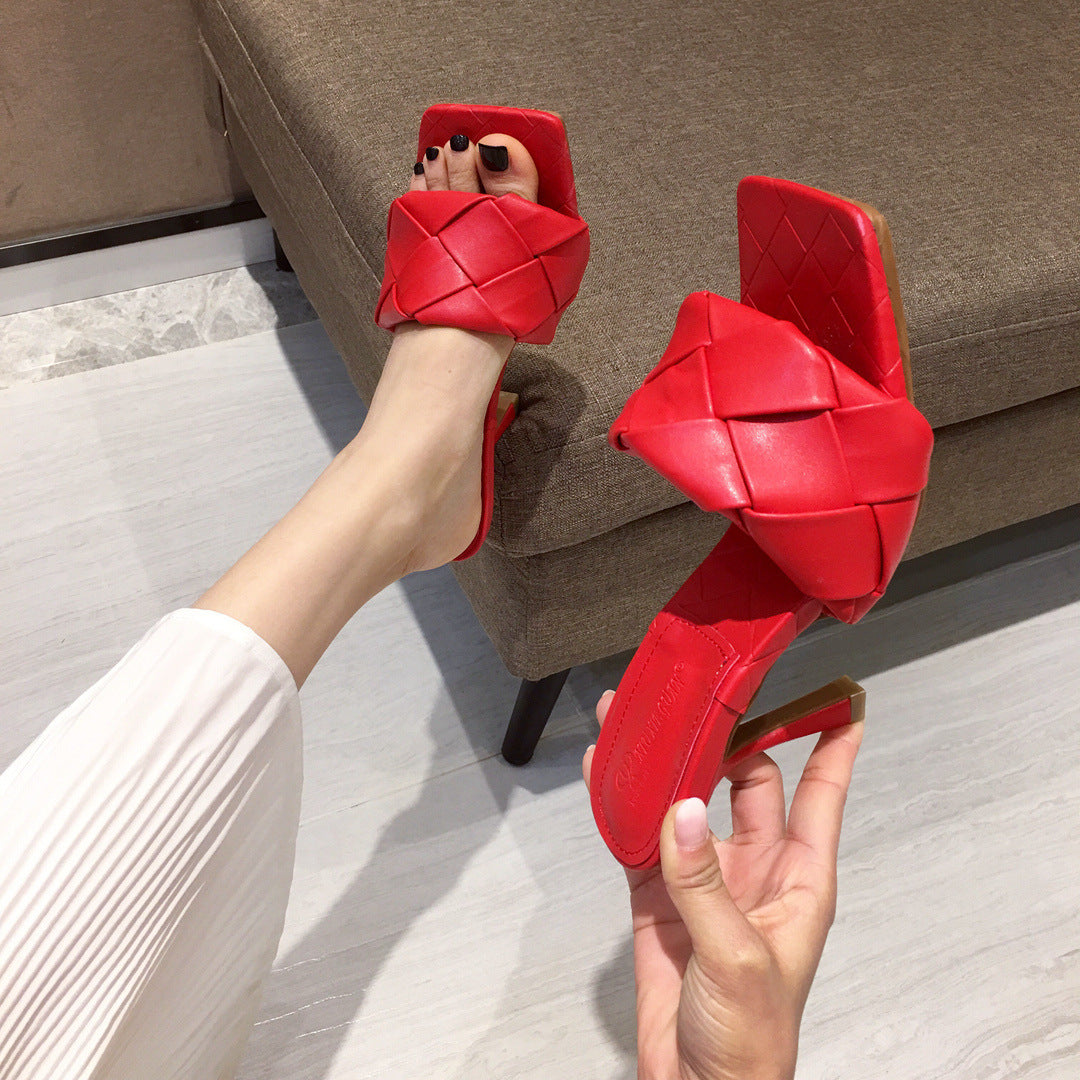 New Woven Square Toe Open-toed Sandals And Slippers
