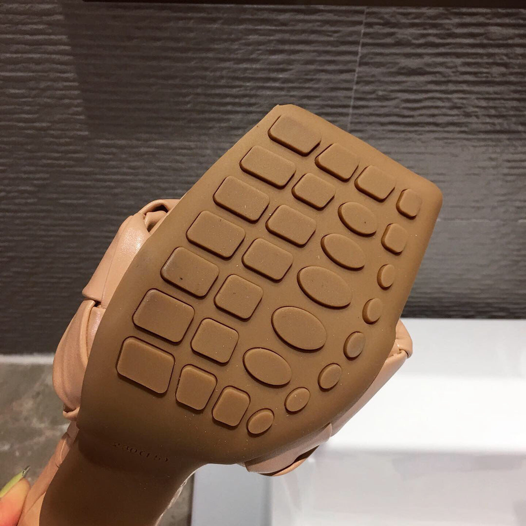 New Woven Square Toe Open-toed Sandals And Slippers