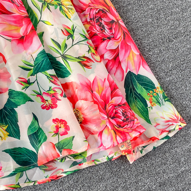 Feminine Round Neck Printed Over Knee Swing Holiday Chiffon Dress