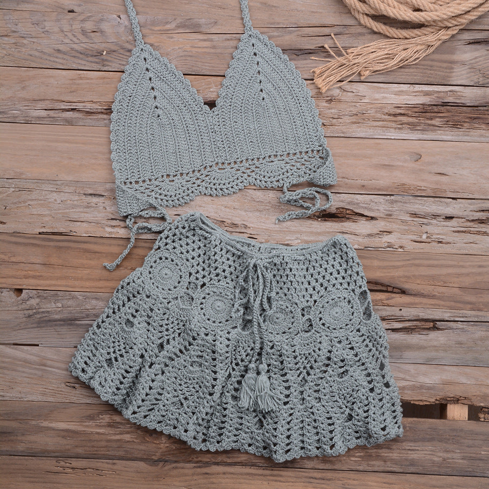 Fashionable Modern Hand-woven Beach Vacation Strappy Bikini Split Swimsuit Outfit