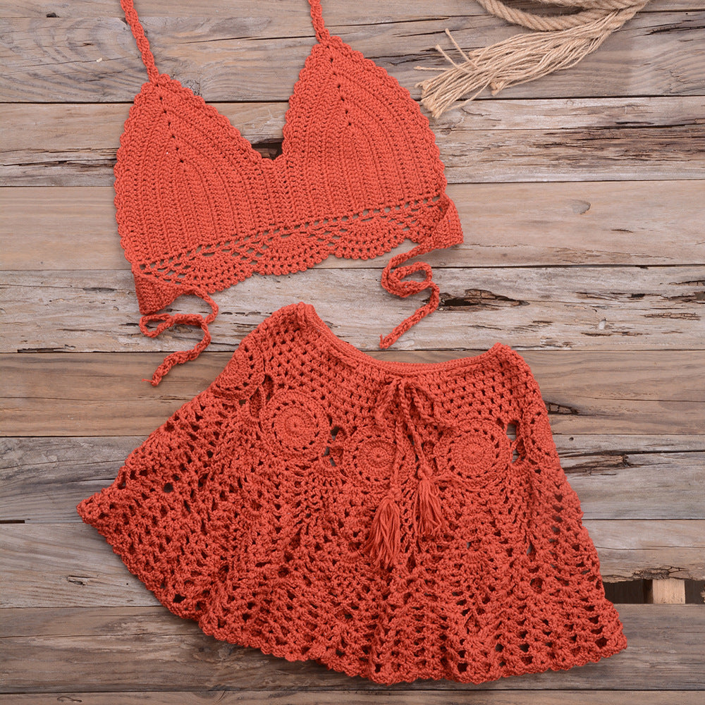 Fashionable Modern Hand-woven Beach Vacation Strappy Bikini Split Swimsuit Outfit