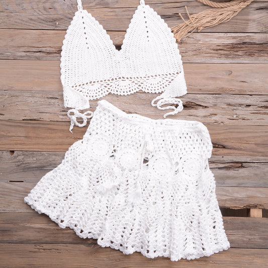 Fashionable Modern Hand-woven Beach Vacation Strappy Bikini Split Swimsuit Outfit