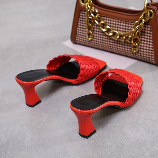 Woven thick heel women's shoes
