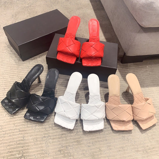 Square toe knit stiletto sandals