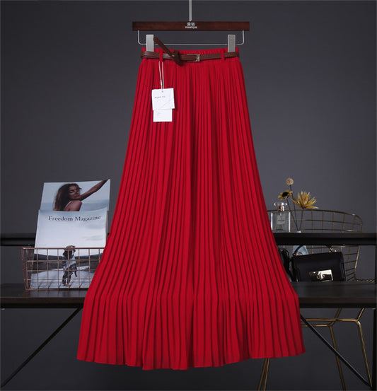 Pure Color Chiffon Mid-length Pleated Large-length Swingy Drape Skirt