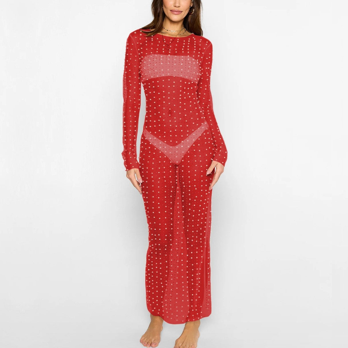 Fashion Bead Rhinestone Blouse Mesh Long Sleeve Dress