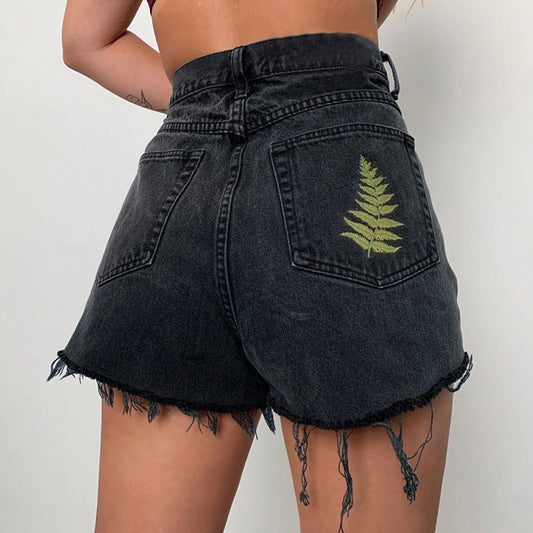 Women's Vintage Black Embroidered Raw Edge Denim Shorts
