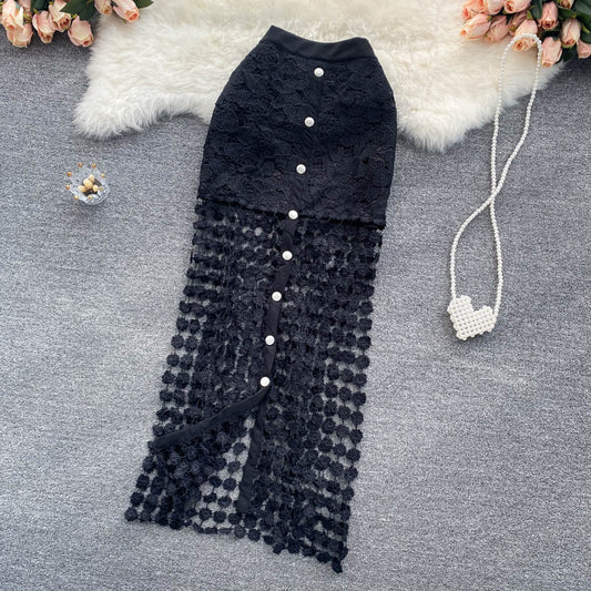 Sexy Black And White Hollow Outer Skirt Female Elegant Button Tempered Stickers Falda Party High-end Women's Clothing