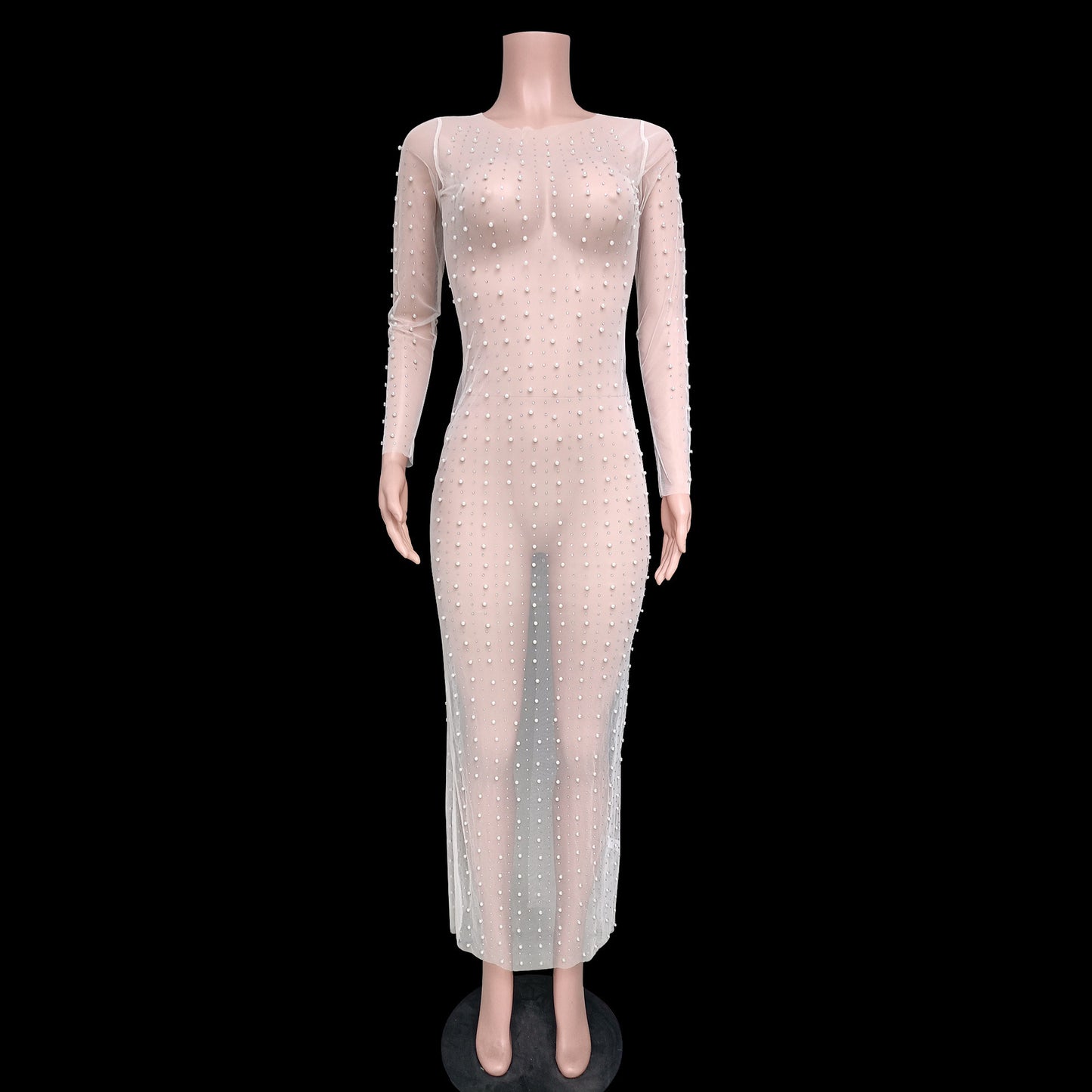 Fashion Bead Rhinestone Blouse Mesh Long Sleeve Dress