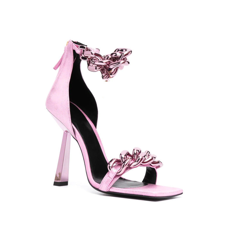 Square Toe Stiletto Chain Buckle Sandals European And American Snake Pattern