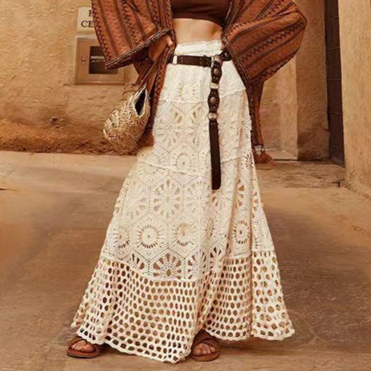 Lace Patchwork A- Line Skirt Holiday Style Hollow-out Midi Dress