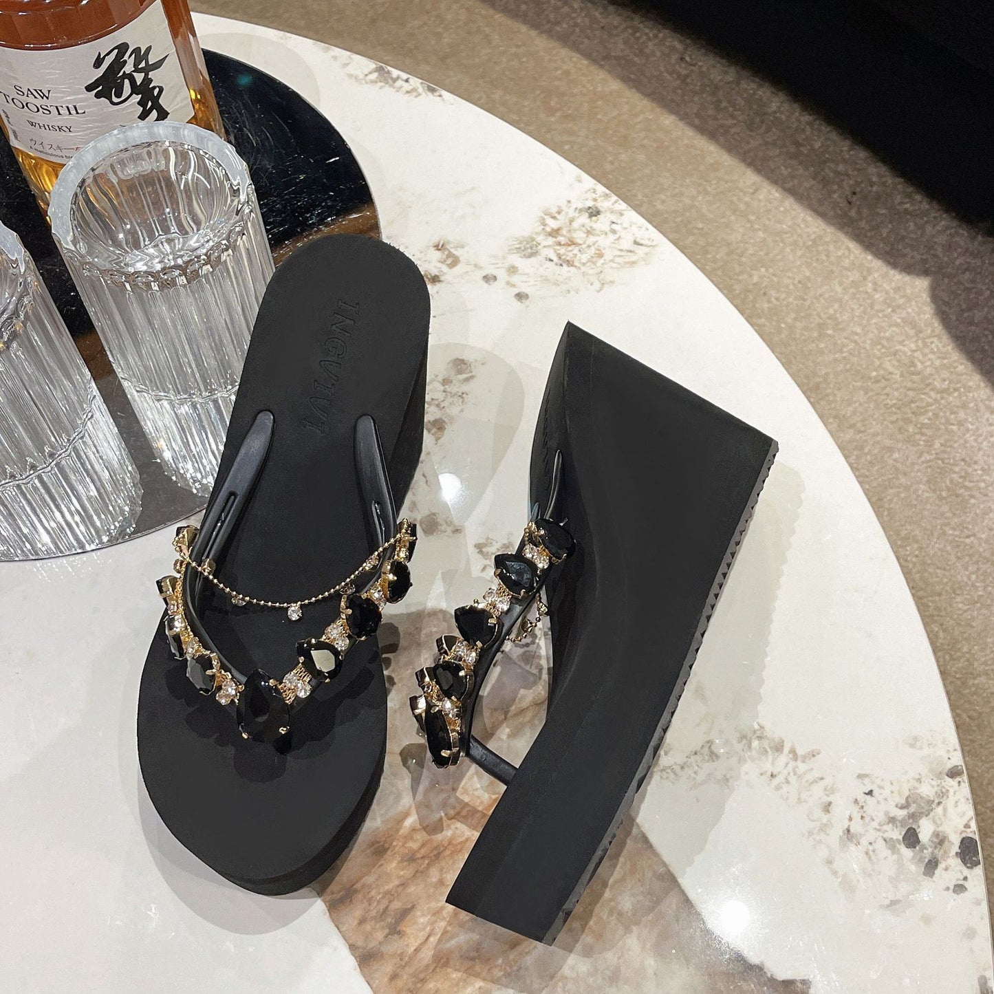 High Heel Flip-flops Women's Rhinestone Wedge