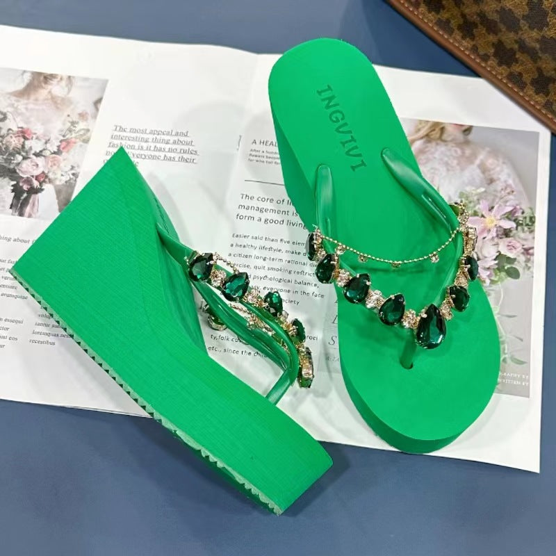 High Heel Flip-flops Women's Rhinestone Wedge