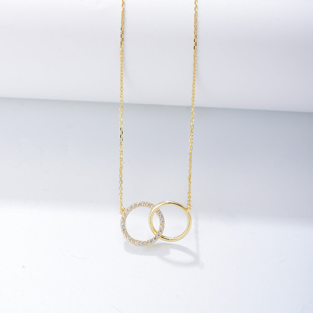 S925 Sterling Silver Simple Fashion Personality Diamond Double Circle Double Ring Necklace