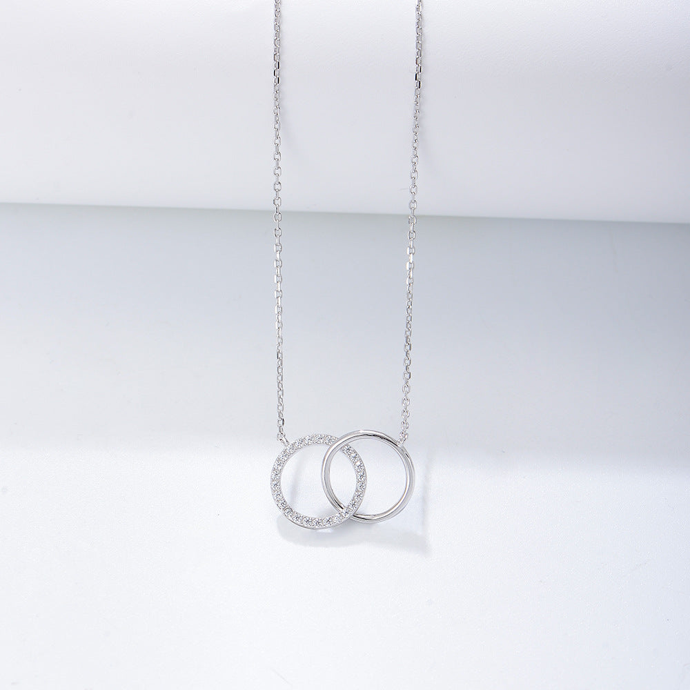 S925 Sterling Silver Simple Fashion Personality Diamond Double Circle Double Ring Necklace