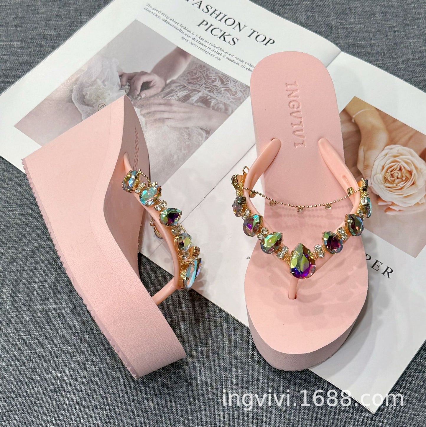 High Heel Flip-flops Women's Rhinestone Wedge