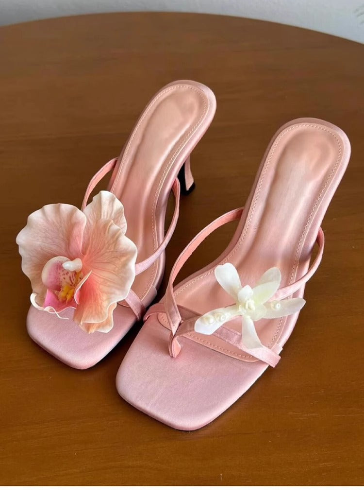 Handmade Asymmetric Flower Sandals For Women High Heel Semi-slipper