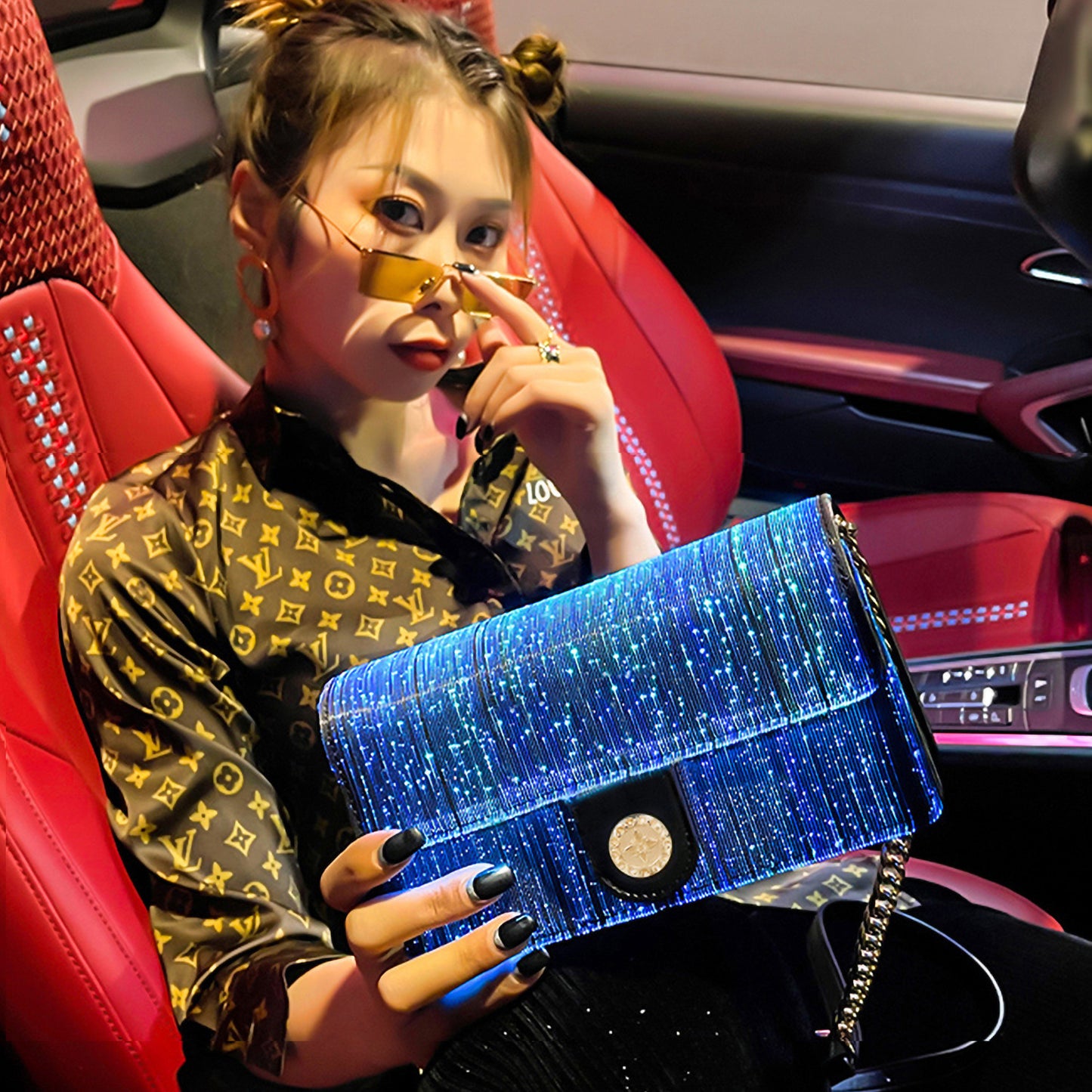 Optical Fiber Leather Luminous Women's Bag Small Square Bag