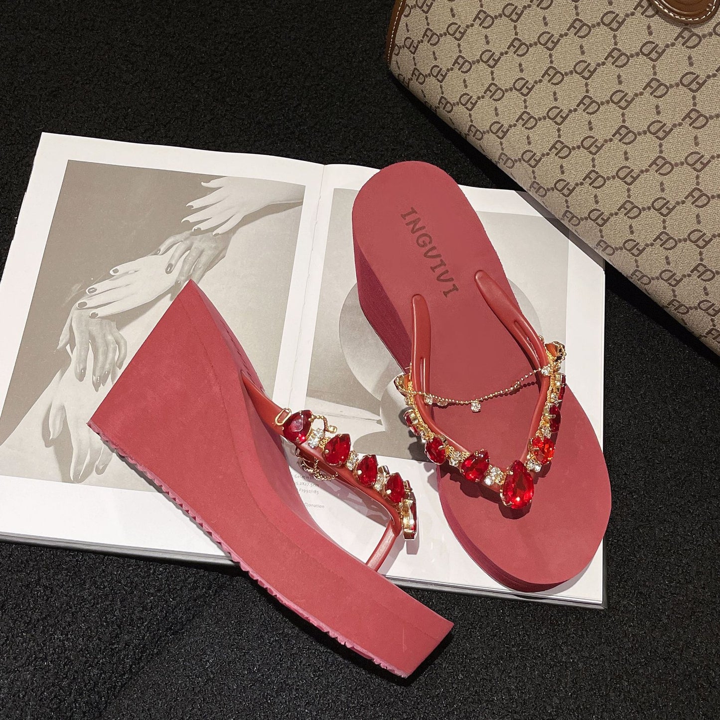 High Heel Flip-flops Women's Rhinestone Wedge